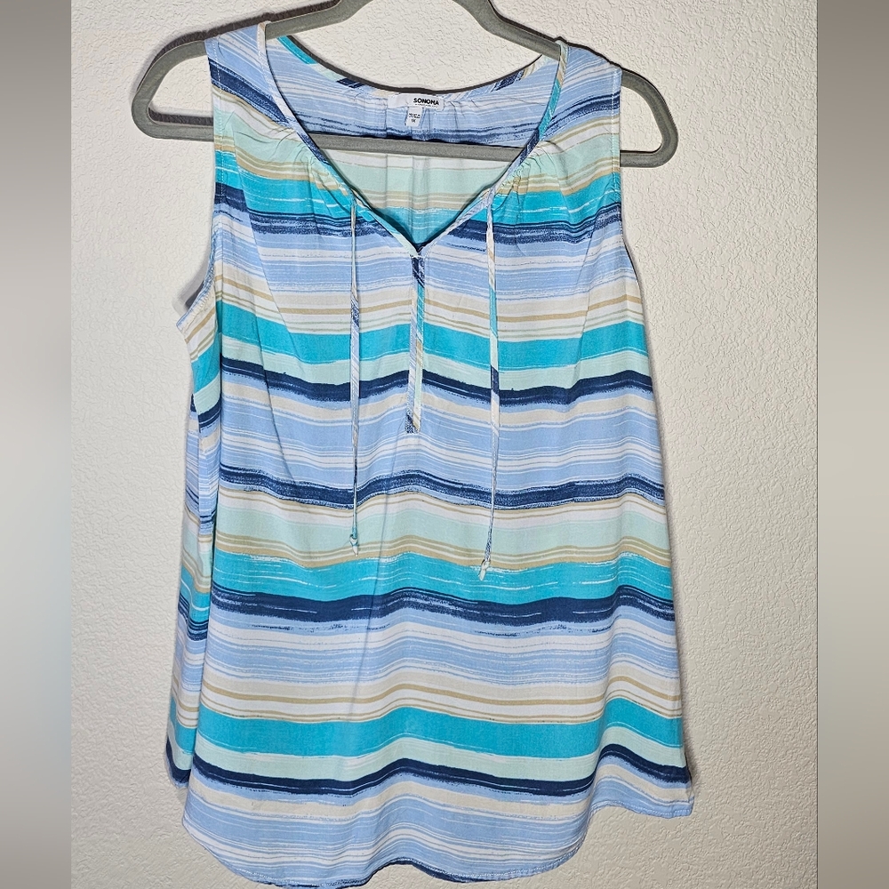 Sonoma Women's Tank Top 1X Multicolored Stripped Tank with Keyhole Tie